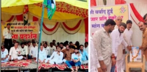 किसानों की नष्ट हुई फसल पर मुआवजा दिए जाने की मांग को लेकर धरना शुरू